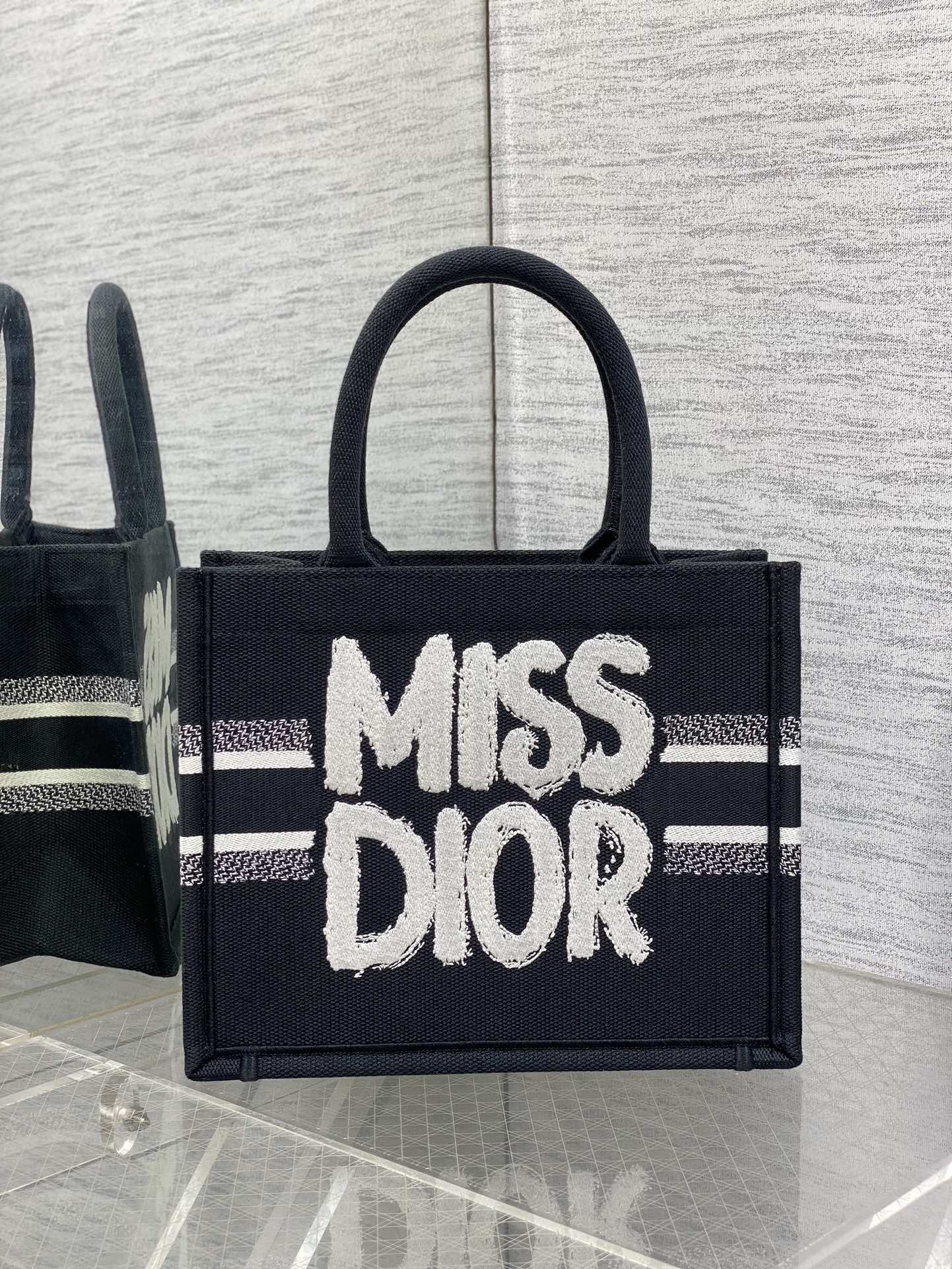 Small Dior Book Tote Bag Black and White Miss Dior Graffiti Embroidery